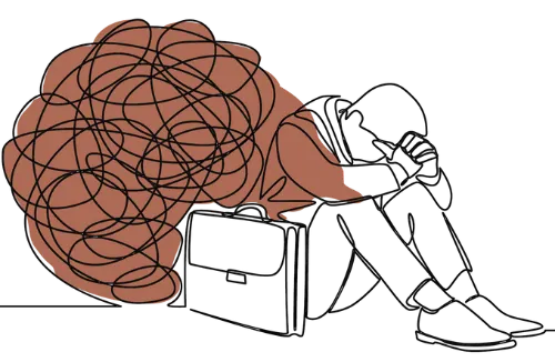 Line drawing of a man sitting beside a briefcase with a tangled scribble cloud over his head