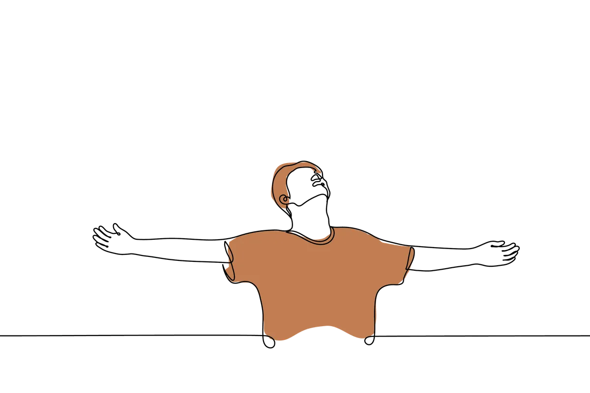 Line drawing of a person with arms outstretched, head tilted back